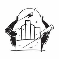 Clean Silhouette of an architect and a building blueprint symbolizing architectural planning in double exposure with copy space concept as A silhouette of an architect intertwined with vector