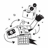 Clean Silhouette of a warehouse drone and a financial dashboard symbolizing cost efficient inventory checks in double exposure with copy space concept as A silhouette of a warehouse dro vector