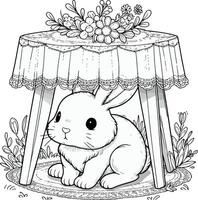 a coloring page with a rabbit under a table vector
