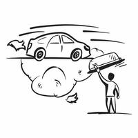 Clean Silhouette of a person and an electric car symbolizing clean energy and transportation in double exposure with copy space concept as A silhouette of a person intertwined with an e vector