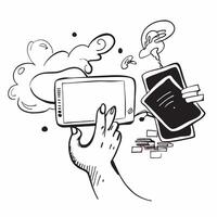 Clean Silhouette of a person and a tablet symbolizing digital creativity in double exposure with copy space concept as A silhouette of a person blended with a tablet representing the fu vector