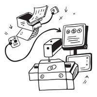 Clean Silhouette of a conveyor system and a computer interface symbolizing automated inventory management in double exposure with copy space concept as A silhouette of a conveyor system vector