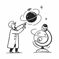 Clean Scientist with a microscope and a model planet representing dreams of scientific exploration with ample space for text concept as A scientist holding a microscope and a model plan vector