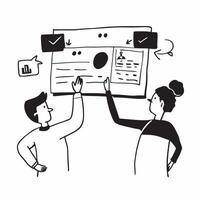 Clean Sales team collaborating on a sales pitch concept as A icon illustration of a sales team collaborating on a sales pitch using laptops and charts with a 3 color scheme to highligh vector