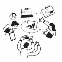 Clean Sales team collaborating on a lead generation strategy concept as A icon illustration of a sales team collaborating on a lead generation strategy using laptops and digital tools vector