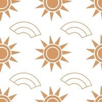 Clean Relaxing summer sun seamless tile pattern with light orange and soft sunburst designs for cozy spaces concept as Soft orange tones and sunburst designs arranged seamlessly to creat vector