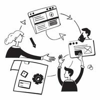 Clean Remote team collaborating on a software development project concept as A illustration of a remote team collaborating on a software development project using coding tools and vector