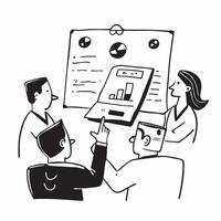 Clean Project team presenting their findings in a business meeting concept as A illustration of a project team presenting their findings in a business meeting featuring a 3 color vector