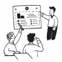 Clean Project manager leading a status update meeting concept as A illustration of a project manager leading a status update meeting utilizing a 3 color palette to highlight clari vector