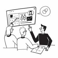 Clean Project manager presenting progress in a team meeting concept as A illustration of a project manager presenting progress in a team meeting featuring a 3 color scheme to emph vector