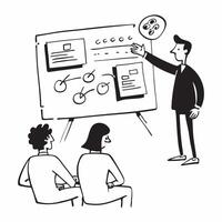 Clean Project manager presenting a timeline in a team meeting concept as A illustration of a project manager presenting a timeline in a team meeting featuring a 3 color palette to vector