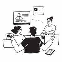 Clean Project manager leading a hybrid meeting concept as A illustration of a project manager leading a hybrid meeting with both onsite and remote participants using a 3 color sch vector