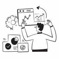 Clean Project manager collaborating on a risk management strategy concept as A illustration of a project manager collaborating on a risk management strategy using charts and digit vector