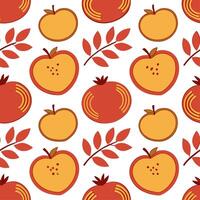 Clean Pomegranate and apple seamless tile pattern with rich autumn tones and festive vibes concept as Pomegranates and apples in rich autumn tones create a festive seamless tile pattern vector