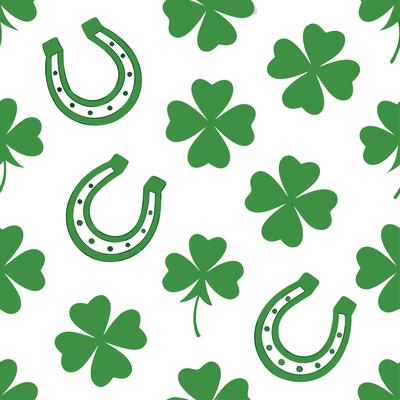 Clean Playful clovers and lucky horseshoes seamless tile pattern with cheerful green shades concept as Cheerful green shades highlight playful clovers and lucky horseshoes in seamless ti