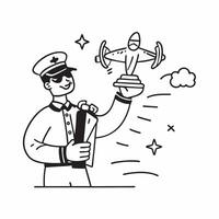 Clean Pilot with a trophy and a model airplane representing aviation success with space for text concept as A pilot holding a trophy and a model airplane symbolizing aviation success an vector