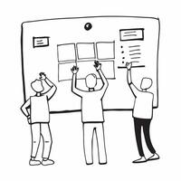 Clean People brainstorming with sticky notes symbolizing team ideation and challenge with ample space for text concept as People brainstorming with sticky notes on a board representing vector