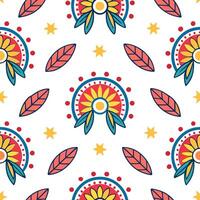 Clean Native folklore characters and symbolic motifs seamless tile pattern with vibrant colors concept as Vibrant colors highlight native folklore characters and symbolic motifs in seaml vector