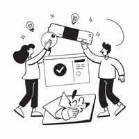 Clean Marketing team collaborating on a product launch concept as A illustration of a marketing team collaborating on a product launch using digital tools and charts with a 3 colo vector