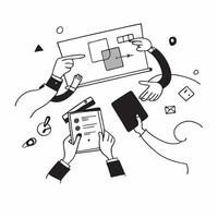 Clean Marketing team collaborating on a brand strategy concept as A illustration of a marketing team collaborating on a brand strategy using laptops and digital tools with an 8 co vector