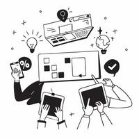 Clean Marketing team brainstorming in a creative workspace concept as A illustration of a marketing team brainstorming in a creative workspace using laptops and tablets with an 8 vector
