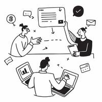 Clean Marketing consultant collaborating with clients concept as A illustration of a marketing consultant collaborating with clients using laptops and digital tools with a 3 color vector