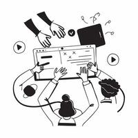 Clean Manager leading a team meeting with presentation slides concept as A illustration of a manager leading a team meeting with presentation slides featuring a 3 color scheme to vector