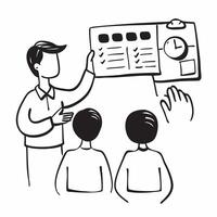 Clean Manager conducting a team meeting with visual aids concept as A illustration of a manager conducting a team meeting with visual aids featuring a 3 color scheme to highlight vector
