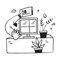 Clean Manager with a desktop garden and a natural light window symbolizing nature integration with ample space for text concept as A manager with a desktop garden and a window providing vector