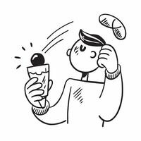 Clean Man with a glass of punch and a fruit skewer representing punch drink advertisement with ample space for text concept as A man holding a glass of punch and a fruit skewer symboliz vector