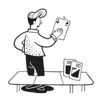 Clean Man with a deck of cards and a poker table symbolizing card gaming with space for text concept as A man holding a deck of cards and standing by a poker table representing card gam vector