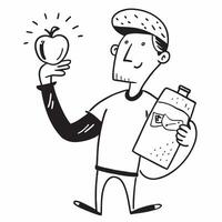 Clean Man with a bottle of sparkling apple juice and an apple representing apple juice advertisement with ample space for text concept as A man holding a bottle of sparkling apple juice vector