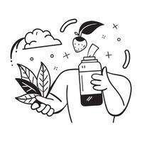 Clean Man with a bottle of iced tea and a mint leaf representing iced tea advertisement with ample space for text concept as A man holding a bottle of iced tea and a mint leaf symbolizi vector