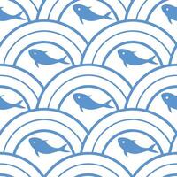 Clean Japanese waves and koi fish seamless tile pattern with serene blue tones concept as Serene blue tones highlight Japanese waves intertwined with koi fish in seamless tile pattern in vector