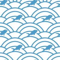 Clean Japanese waves and koi fish seamless tile pattern with serene blue tones concept as Serene blue tones highlight Japanese waves intertwined with koi fish in seamless tile pattern in Set 2 vector