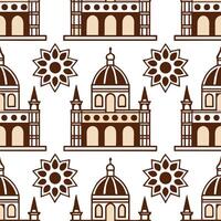 Clean Intricate folk art patterns and historic buildings seamless tile design with earthy tones concept as Earthy tones emphasize intricate folk art patterns and historic buildings in se vector