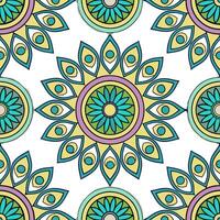 Clean Indian mandala patterns and peacocks seamless tile pattern with vibrant colors concept as Vibrant colors highlight Indian mandala patterns intertwined with peacocks in seamless til vector