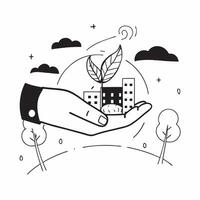 Clean Hand holding a cut leaf with a public park concept as A hand holding a cut leaf with a public park in the background highlighting corporate social responsibility in urban green spa vector