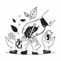 Clean Hand holding a cut leaf with a group of volunteers concept as A hand holding a cut leaf with a group of volunteers in the background highlighting volunteer work and corporate socia vector