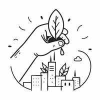 Clean Hand holding a cut leaf with a cityscape in the background concept as A hand holding a cut leaf against a cityscape background highlighting urban environmental initiatives and corp vector