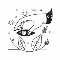 Clean Hand holding a cut leaf in a community garden concept as A hand holding a cut leaf in a community garden highlighting local environmental projects and corporate social responsibili vector