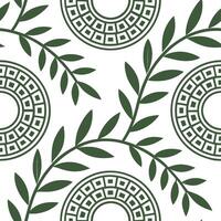 Clean Greek key patterns and olive branches seamless tile design with classic white and blue tones concept as Classic white and blue tones highlight Greek key patterns intertwined with o vector