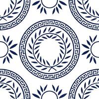 Clean Greek meander patterns and olive branches seamless tile pattern with classic blue and white tones concept as Classic blue and white tones highlight Greek meander patterns intertwin vector