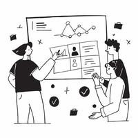 Clean Flat design as Team members discussing market trends in a business meeting concept as A illustration of team members discussing market trends in a business meeting using a 3 Set 2 vector