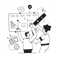 Clean Flat design as Team members collaborating on a project plan concept as A illustration of team members collaborating on a project plan in a modern workspace using a 3 color t Set 6 vector
