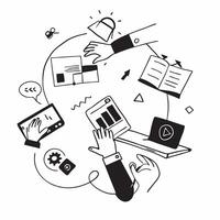 Clean Flat design as Team members collaborating on a project plan concept as A illustration of team members collaborating on a project plan in a modern workspace using a 3 color t Set 4 vector