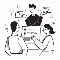 Clean Flat design as Team discussing customer feedback in a business meeting concept as A illustration of a team discussing customer feedback in a business meeting using a 3 color vector