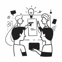 Clean Flat design as Team brainstorming ideas in a creative meeting room concept as A illustration of a team brainstorming ideas in a creative meeting room using a 3 color scheme vector