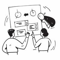 Clean Flat design as Team discussing customer feedback in a business meeting concept as A illustration of a team discussing customer feedback in a business meeting using a 3 color Set 2 vector