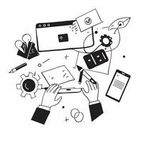 Clean Flat design as Startup team collaborating on a business plan concept as A illustration of a startup team collaborating on a business plan using laptops and digital tools wit Set 2 vector
